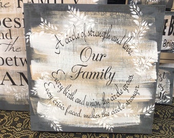 Family, a circle of strength and love gray wood sign