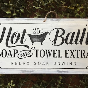 Bath sign for your home-Bathroom Decor- Rustic bathroom  wall decor-Vintage Hot Bath hand painted design- 12” by 6” sign