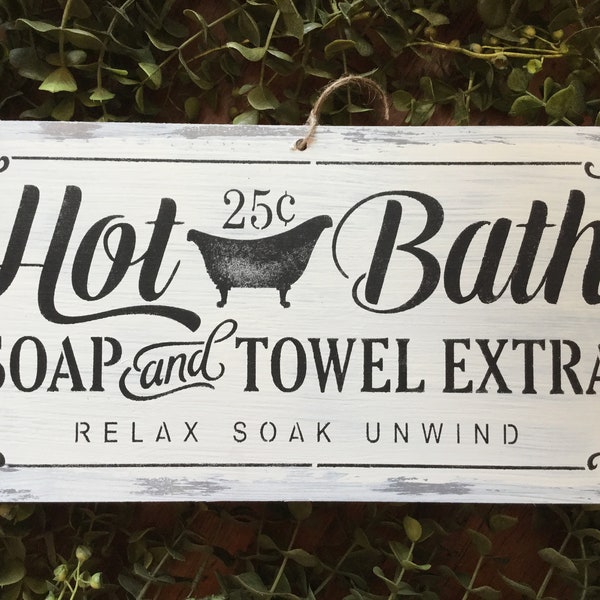 Bath sign for your home-Bathroom Decor- Rustic bathroom  wall decor-Vintage Hot Bath hand painted design- 12” by 6” sign