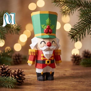 May include: A geometric paper nutcracker figurine featuring a green hat with red holly berries, a red jacket with yellow fringe epaulets, a black belt with a yellow buckle, and black boots. The figure has a white beard and a red nose.