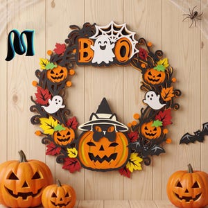 May include: A circular Halloween wreath featuring a central orange jack-o'-lantern wearing a black witch hat, surrounded by smaller pumpkins, white ghosts, red and yellow autumn leaves, and a spiderweb with the text BOO in orange letters.