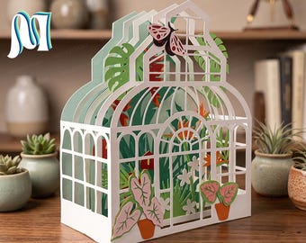 Växthusträdgård popup-kort SVG, tropisk trädgård pappershantverk, fjärilsväxthusmall för Cricut, 3D-växtkort 1