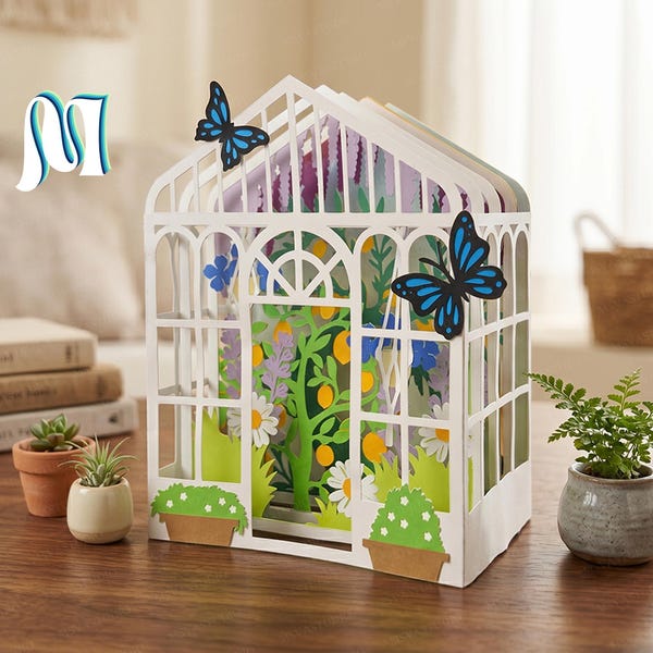 Gewächshaus Garten Pop-up-Karte SVG, Tropischer Garten Papiermodell, Schmetterling-Gewächshaus Vorlage für Cricut, 3D Plant Card 2