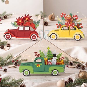 May include: Three decorative wooden vehicle cutouts for holiday display. A red vintage car with poinsettias, a yellow car with a gingerbread man and candy canes, and a green pickup truck carrying a Christmas tree, snowman, and gift boxes.