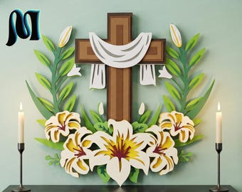 May include: A layered wooden wall art piece featuring a brown cross draped with a white cloth, surrounded by green leaves and white lily flowers with yellow centers. Two tall, thin metal candle holders with white candles stand on either side.