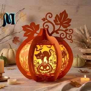 Pumpa Papperslykta SVG, 3D Nattlampa Klippfil, Höstsäsong Papperspysselmall, DIY Ljuslåda Bordslampa För Cricut & Silhouette 3