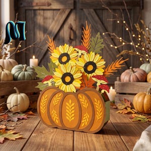 Puede incluir: Un centro de mesa de papel en capas con una base de calabaza naranja decorada con patrones de hojas amarillas, relleno de girasoles amarillos, hojas de arce verdes, tallos de trigo y pequeños hongos rojos con puntos blancos.