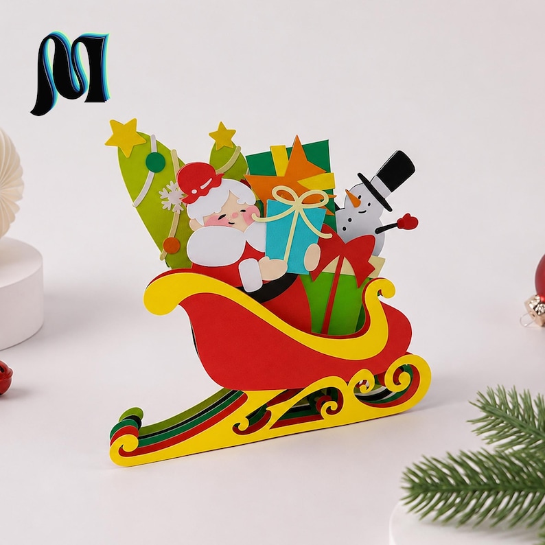 3D Santa Sleigh Pop up Card SVG, Christmas Papercraft Cut File for ...