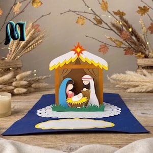 Popup-kort med julkrubba SVG, 3D-pappersmall, popup-klippfil för Cricut och silhuett, DIY-handgjord present 3