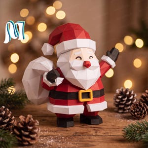 May include: A low-poly papercraft Santa Claus figurine featuring a red suit, white trim, a black belt with a yellow buckle, and a white sack. The figure has a geometric design with sharp angles, a red hat, and black boots, standing in a festive pose.