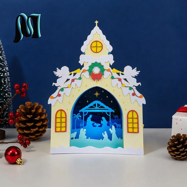Nativity Scene Pop Up Card SVG, 3D Church Christmas Card SVG, Holy Night Layered Papercut Template, Cricut Silhouette Cut File Digital
