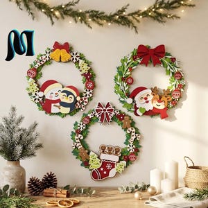 May include: Three circular Christmas wreaths made of green foliage, each featuring festive wooden cutouts. One wreath displays a snowman and penguin, another shows Santa and a reindeer, and the third features a stocking with gingerbread cookies.