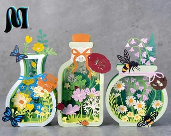 Combo 3 Blumengarten Pop-up-Glas SVG, 3D Papierblumenglas-Vorlage, Geschichtete Blumenkarte SVG, Cricut Papierhandwerk, Frühlingsblume SVG