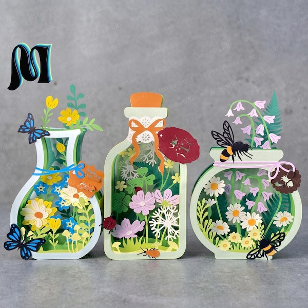 Combo 3 Floral Garden Pop-up Jar SVG, 3D Paper Flower Jar Template, Layered Floral Card SVG, Cricut Paper Craft, Spring Flower SVG