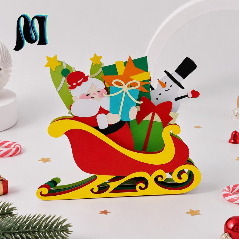 3D Santa Sleigh Pop up Card SVG, Christmas Papercraft Cut File for ...