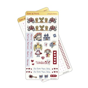 May include: Two sticker sheets with a "Queen of Hearts" theme. The stickers feature illustrations of carriages, topiary, a grumpy cat, a castle, playing cards, and a doll. The text includes "Weekend" and "The Queen Never Folds."