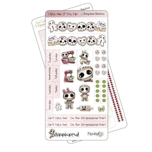 May include: A sheet of planner stickers with a Halloween theme. The stickers feature gingerbread men, skulls, and baking-related graphics in shades of brown, pink, and white. Text includes "Catch Me If You Can" and days of the week.
