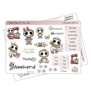May include: A sheet of planner stickers featuring gingerbread skeleton characters, a mixer, and text like "Catch Me If You Can", "Appointment", and "Weekend". The stickers are in shades of brown, pink, and white.