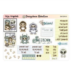 May include: A set of printable stickers featuring illustrations of cute cryptids, including a yeti, a sasquatch, and a monster with wings. The stickers are designed for use in a planner or journal and include a variety of designs, such as "I Believe!" and "Weekend".