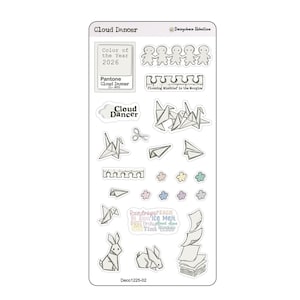 May include: A sticker sheet with a Cloud Dancer theme. It features origami paper cranes, paper airplanes, and bunnies. The sheet includes the text "Color of the Year 2026" and "Pantone Cloud Dancer 11-400". Also includes the text "Planning Mischief in the Margine".