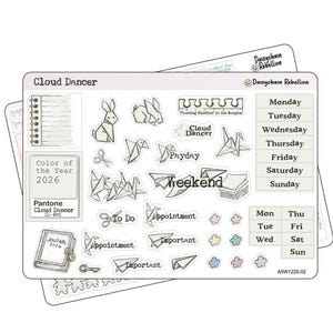 May include: A set of planner stickers with a Cloud Dancer theme. The stickers include origami animals, paper airplanes, and text such as "Weekend", "Payday", and "Appointment". The color of the year 2026 is also featured. The stickers are on a white background.