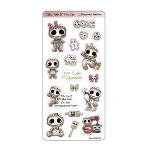 May include: A sticker sheet featuring various gingerbread man designs with skeleton-like features. The stickers include phrases like "Too Cute to Crumble" and "You Can't Catch Me! I'm the Gingerbread Man!" with a pink and green color scheme.