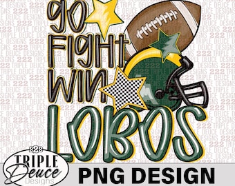 Lobos -Go Fight Win -Football- Green-Gold, PNG Design-Preppy Mascot-Longview