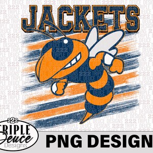 May include: A digital design featuring a cartoon bee mascot with orange and black stripes, a blue and orange striped background, and the text "JACKETS".