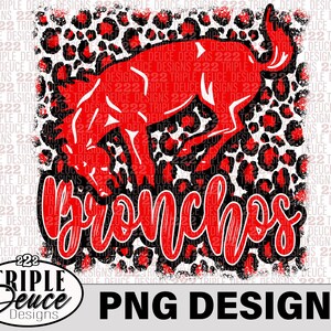 Puede incluir: Diseño gráfico rojo y negro con una silueta de caballo rojo y la palabra "Bronchos" en letras rojas y negras sobre un fondo blanco con un patrón de estampado de leopardo.