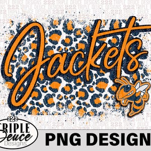 May include: Orange and black "Jackets" text with a distressed, splatter paint effect on a white background. The text is on top of a leopard print pattern. A black and yellow cartoon bee is in the lower right corner.