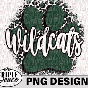 May include: Green and black leopard print paw print with the word "Wildcats" in white text. The background is white with a watermark.