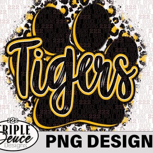 May include: Black and gold "Tigers" text with a paw print design. The background is a white and black leopard print.