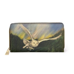 Cartera con cremallera de búho nival, cartera con diseño de búho, cartera con cremallera de Hedwig, cartera de piel sintética de búho