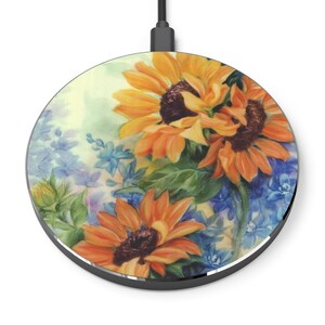 Sunflower Wireless Charger, Sunflower Art iPhone Charge Pad, Floral Smart Phone Charger, Flower Art Wireless Charger