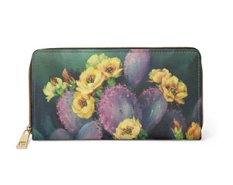 Cactus Blossom Zipper Wallet, Desert Art Zip Wallet, Durable Zip Wallet, Desert Art Pocketbook