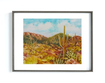 Tucson Desert Watercolor Painting: Cactus Landscape Art Print