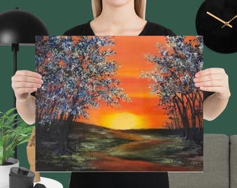 Matte poster Blue Trees Sunset Sky, muurkunst kleurrijke boom