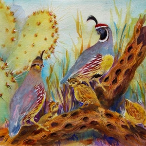 Quail Wall Art | Desert Fauna | Quail Family Print | Southwest Desert Sonora Arizona Desert Birds Watercolor Country Farmhouse Southwest Art