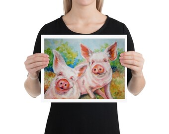 Pig Pair Matte Poster,Happy Pigs Print, Pink Pigs Art Print, Farm Animal Poster, Happy Farm Pigs