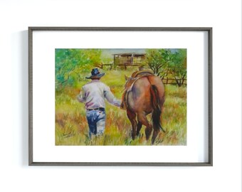 Cowboy Watercolor Art Print: Cowboy & Horse Wall Decor Southwest Desert Scene