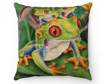 Tree Frog Bird of Paradise Pillow,Tree Frogs Pillow,Bird of Paradise Pillow,Two Sided Square Pillow,Tropical Art Pillow