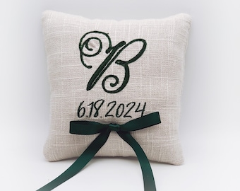 Linen Ring Bearer Pillow - 5 inch - Embroidered Monogram with Date