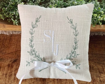 Laurel Wreath 7 inch Embroidered Linen Monogram Ring Bearer Pillow - Personalized Embroidered