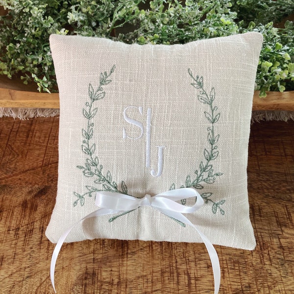 Laurel Wreath 7 inch Embroidered Linen Monogram Ring Bearer Pillow - Personalized Embroidered