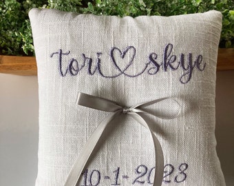 Linen Ring Bearer Pillow - 7 inch - Lovebug Embroidered Names and Date