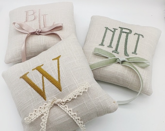 Linen Ring Bearer Pillow - 5 inch - Embroidered Monogram