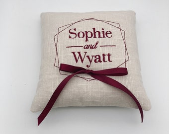 Modern Geometric Frame - 7 inch Linen Ring Bearer PIllow - Personalized Embroidery