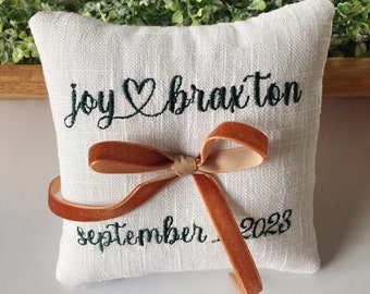 Linen Ring Bearer Pillow - 5 inch - Lovebug Embroidered Names & Date 5 inch