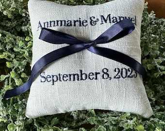 Linen Ring Bearer Pillow - 5 inch - Embroidered Names & Date 5 incn