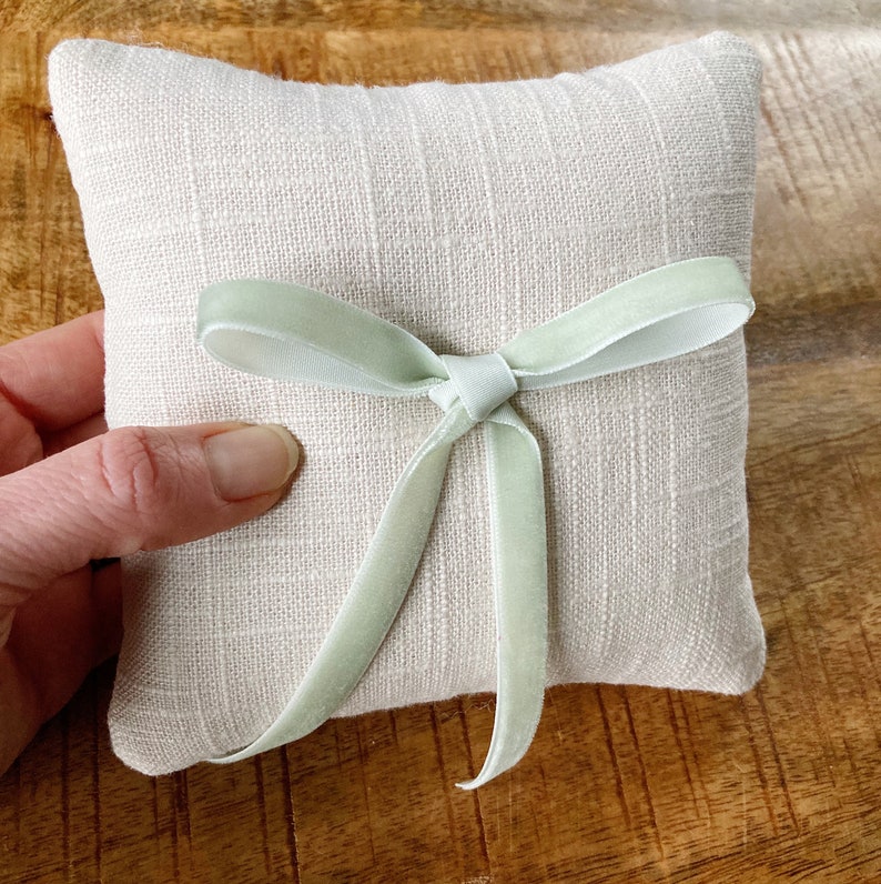 Linen Ring Bearer Pillow, 5 x 5 inches, Choose Your Linen and Ribbon image 1